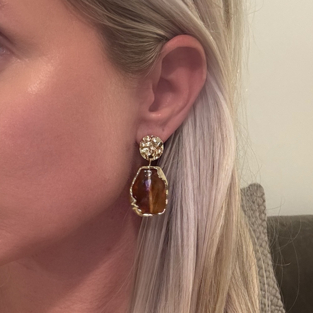 Vintage Geometric Gemstone Gold Tone and Brown Boho Drop Earrings NWT New